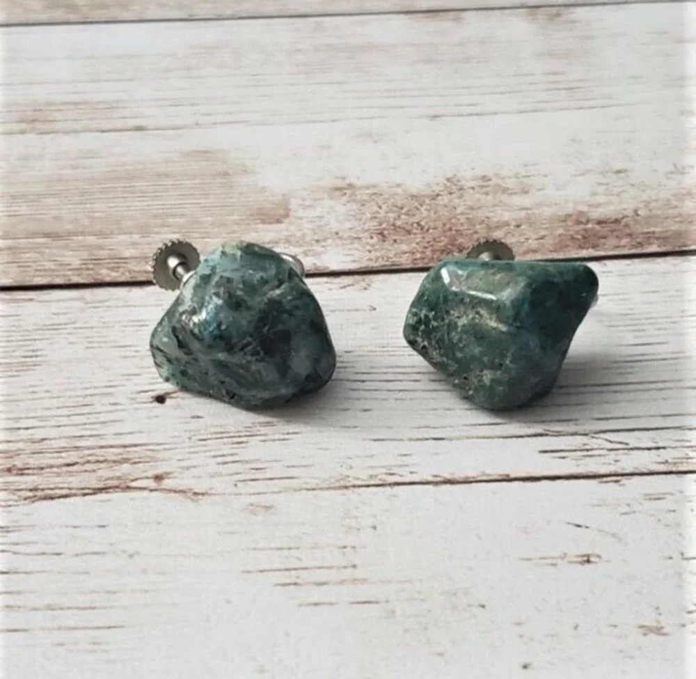 Vintage Screw On Earrings - Dark Teal Tones Stone